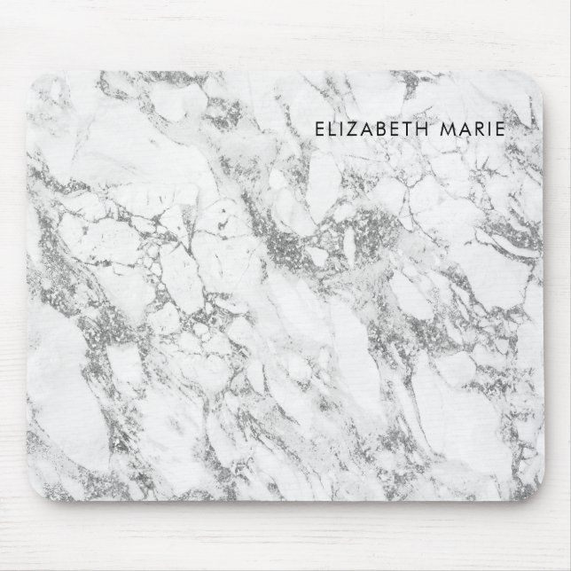 Modern Chic White Grey Silver Grey Glitter Marble Mouse Pad (Front)