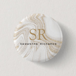 Modern chic white marble gold glitter monogram 3 cm round badge