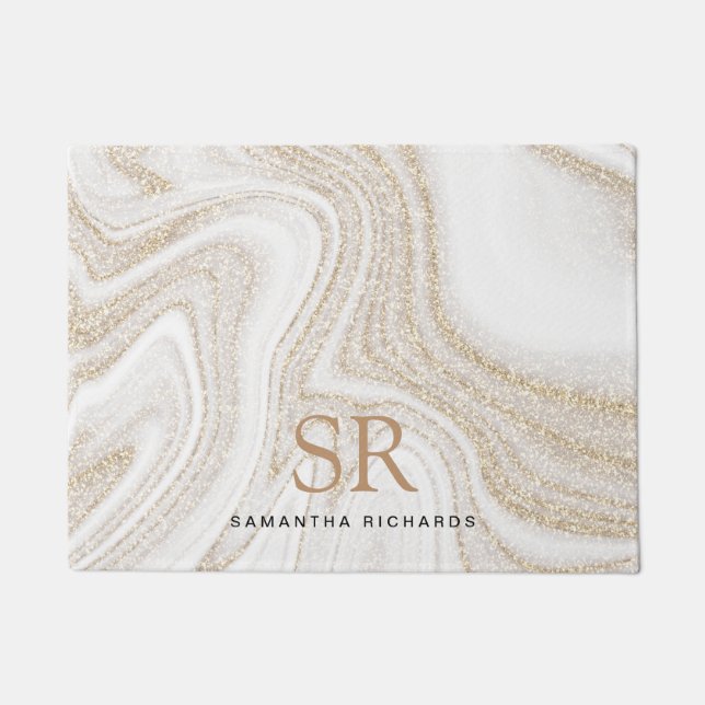 Modern chic white marble gold glitter monogram doormat (Front)