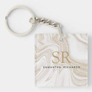 Modern chic white marble gold glitter monogram key ring