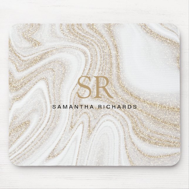 Modern chic white marble gold glitter monogram mouse pad (Front)
