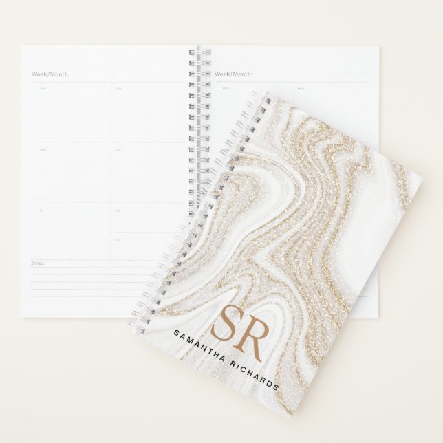 Modern chic white marble gold glitter monogram planner (Display)
