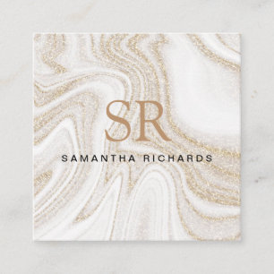 Modern chic white marble gold glitter monogram square business card