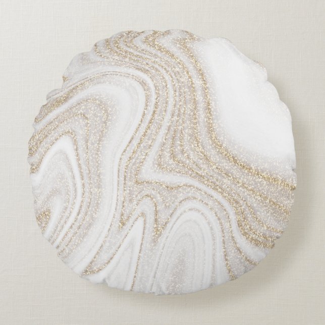 Modern chic white marble gold glitter round cushion (Front)