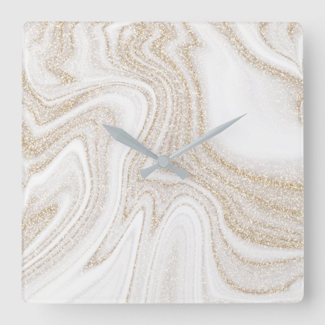Modern chic white marble gold glitter square wall clock (Front)