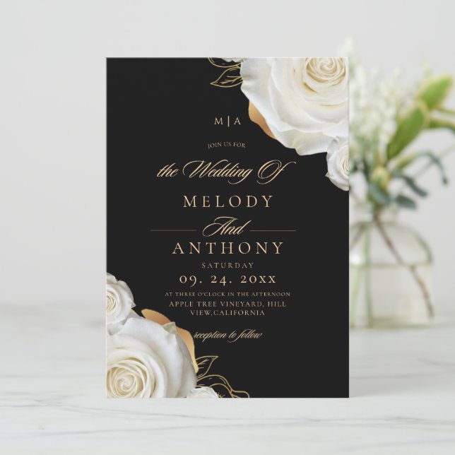 Modern Chic White Rose Wedding  Invitation (Standing Front)