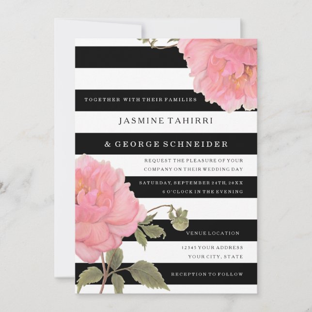 MODERN Chic Wide Stripes Pink Peony Blossom Floral Invitation (Front)