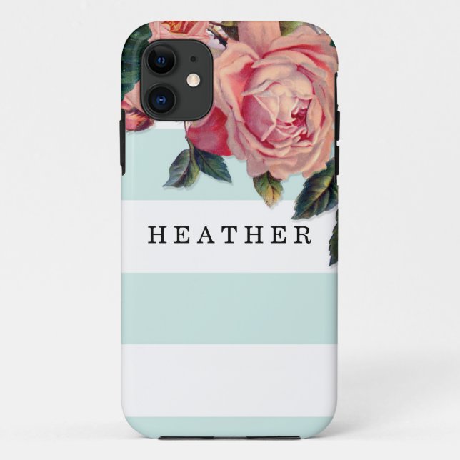 MODERN Chic Wide Stripes w Roses, Aqua Blue Case-Mate iPhone Case (Back)