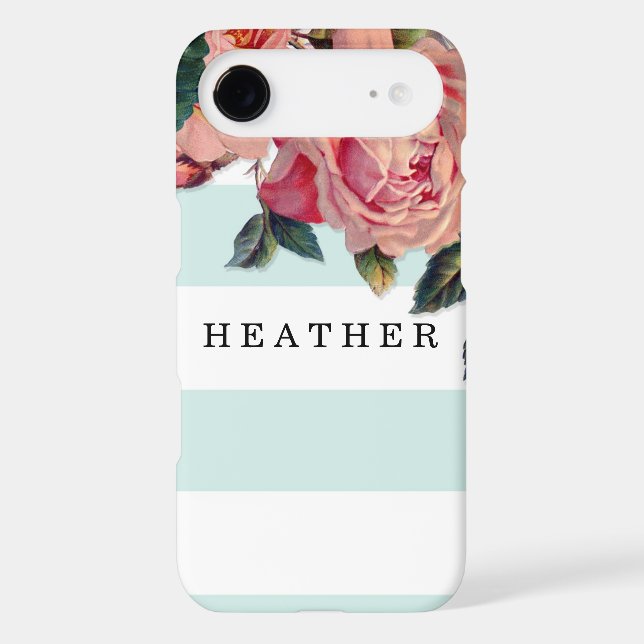 MODERN Chic Wide Stripes w Roses, Aqua Blue Case-Mate iPhone Case (Back)
