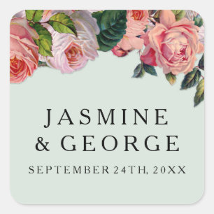 MODERN Chic Wide Stripes w Roses, Mint Green Square Sticker