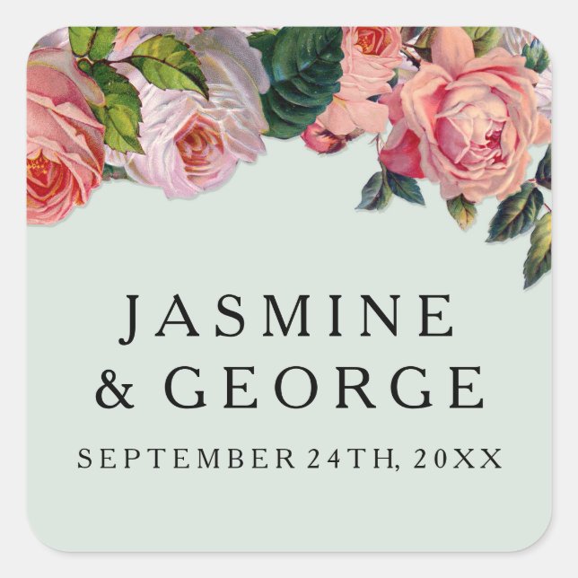 MODERN Chic Wide Stripes w Roses, Mint Green Square Sticker (Front)