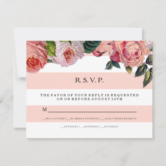 MODERN Chic Wide Stripes w Roses, Wedding RSVP Card (Front)