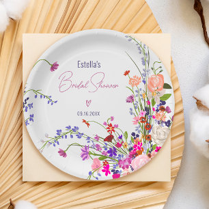 Modern chic wild flowers script bridal shower paper plate