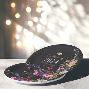 Modern chic wild flowers script class graduation paper plate