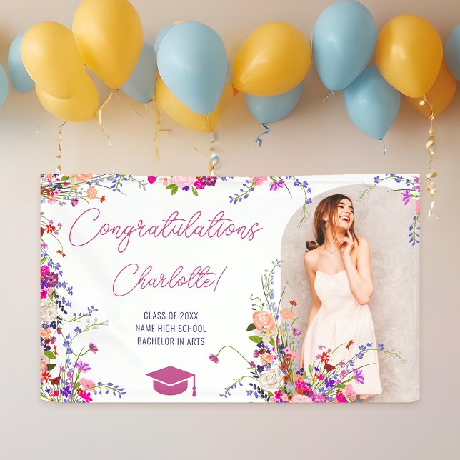 Modern chic wild flowers script photo graduation  banner (Modern chic wild flowers script photo graduation banner)