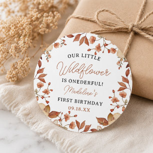 Modern Chic Wildflower Script 1st Birthday Girl Classic Round Sticker