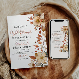 Modern Chic Wildflower Script 1st Birthday Girl Invitation