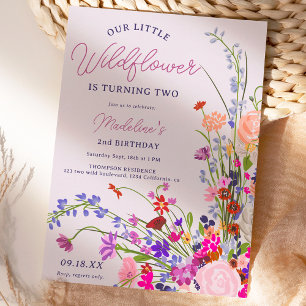 Modern chic wildflower script 2nd birthday invitation