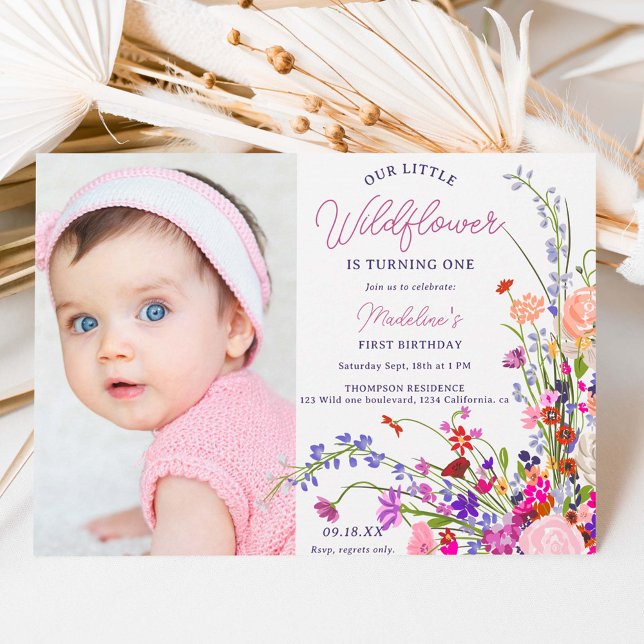 Modern chic wildflower script photo 1st birthday invitation (Creator Uploaded)