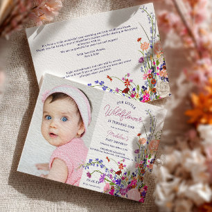 Modern chic wildflower script photo 1st birthday invitation