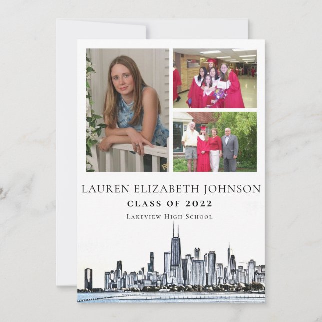 Modern Chicago Skyline 3 Photo Collage Graduation  Announcement (Front)