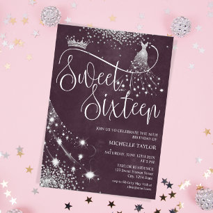 Modern Chick Burgundy Silver Glitter Sweet 16 Invitation