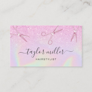 Modern chick ombre purple holographic hairstylist business card
