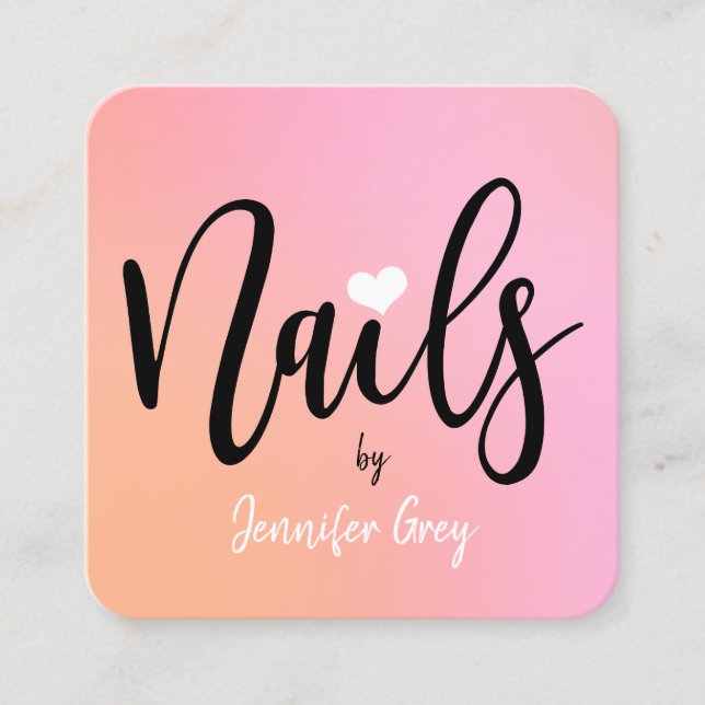 Modern chick peach pink gradient nails square business card (Front)