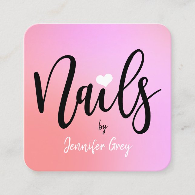 Modern chick pink & purple gradient nails square business card (Front)