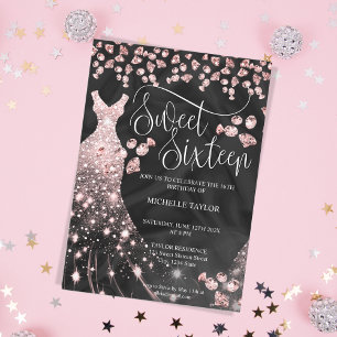 Modern Chick Rose Gold Glitter Sweet 16 Invitation