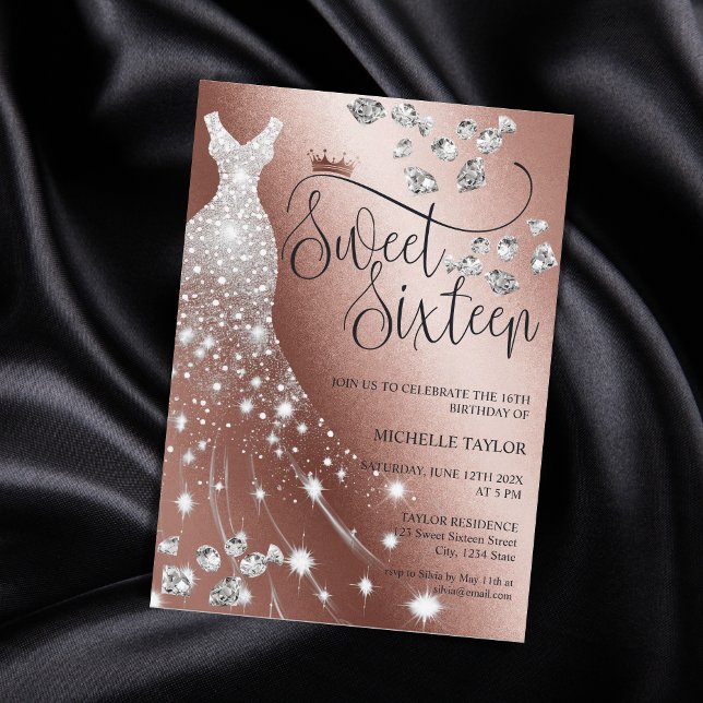 Modern Chick Rose Gold Glitter Sweet 16 Invitation (Creator Uploaded)
