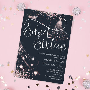 Modern Chick Rose Gold Glitter Sweet 16 Invitation