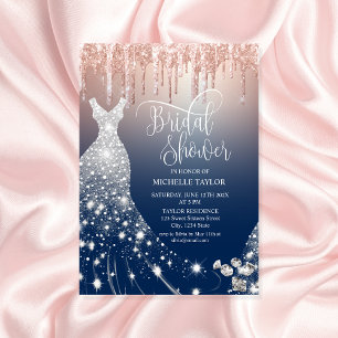 Modern Chick Rose Gold Navy Glitter Wedding Dress Invitation
