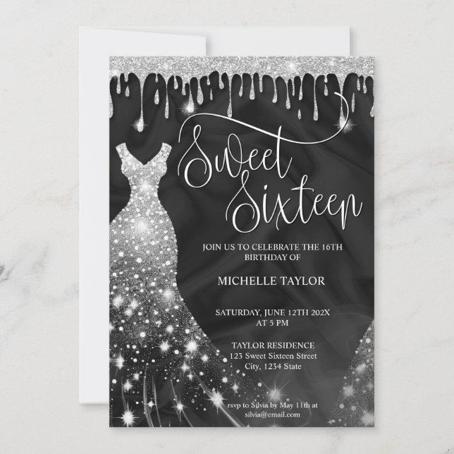 Modern Chick Silver Glitter Sweet 16 Invitation (Front)