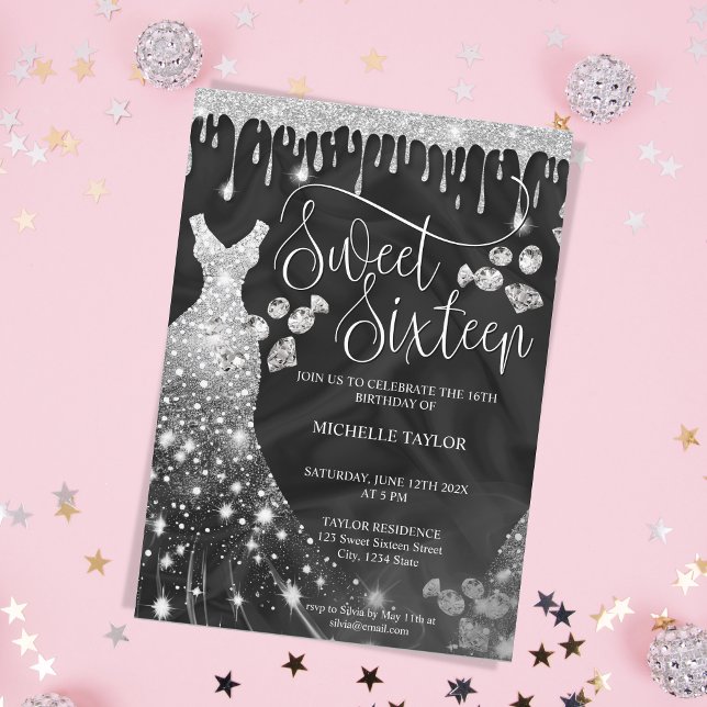 Modern Chick Silver Glitter Sweet 16 Invitation (Creator Uploaded)