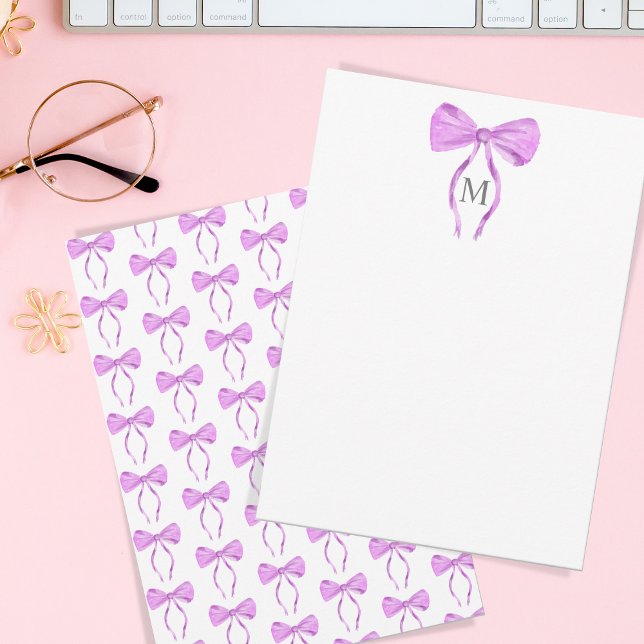 Modern Chick Watercolor Bow Monogram Card (purple watercolor bow)