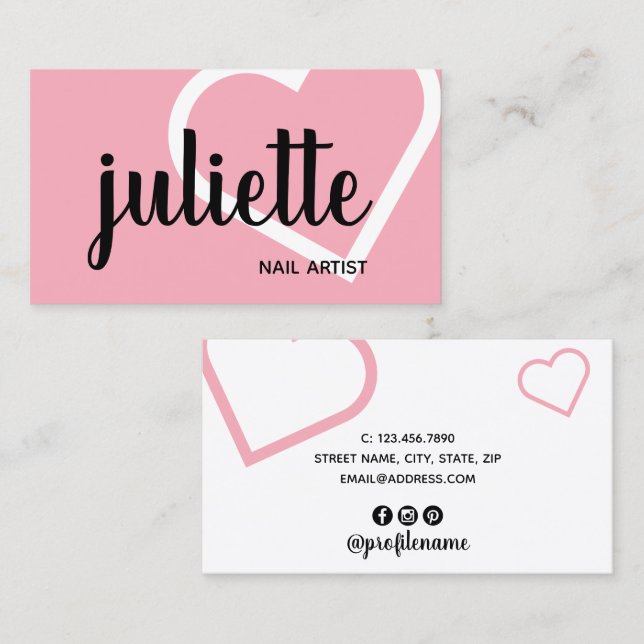 Modern chick white black & pink nail artist business card (Front/Back)