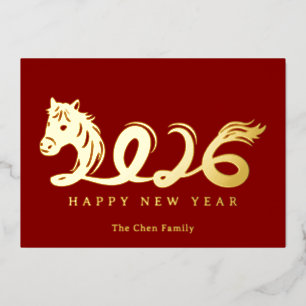 Modern Chinese Lunar New Year Horse 2026 Foil Holiday Card