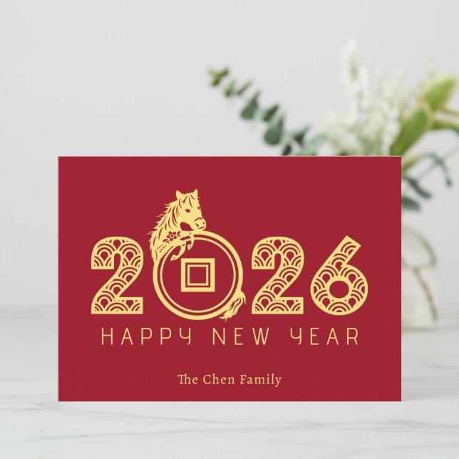 Modern Chinese Lunar New Year of Horse 2026 Holiday Card (Standing Front)