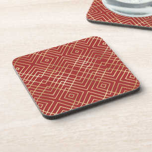 Modern Chinese Red Art Deco Geometric Pattern Coaster