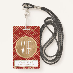 Modern Chinese Red Art Deco Geometric Pattern ID Badge