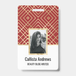 Modern Chinese Red Art Deco Geometric Pattern ID Badge