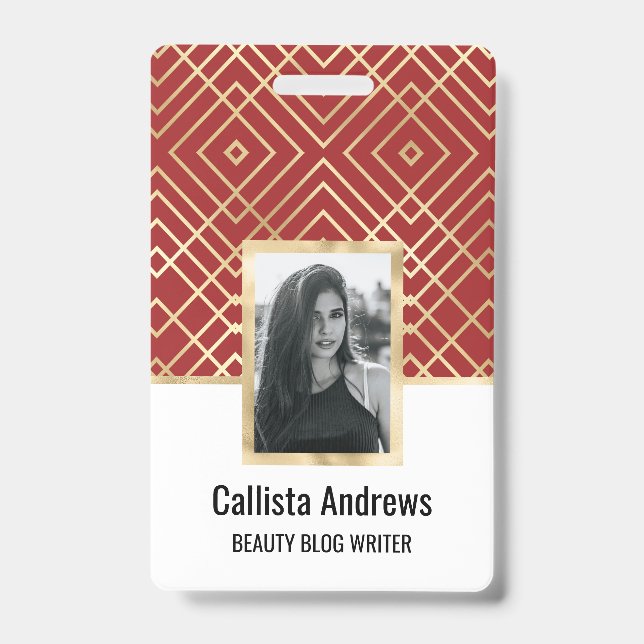 Modern Chinese Red Art Deco Geometric Pattern ID Badge (Front)