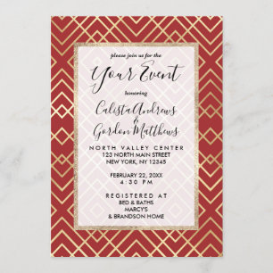 Modern Chinese Red Art Deco Geometric Pattern Invitation