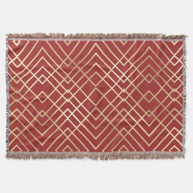 Modern Chinese Red Art Deco Geometric Pattern Throw Blanket (Front)