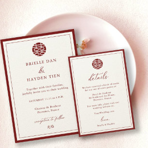 Modern Chinese Wedding Champagne Red Details  Invitation