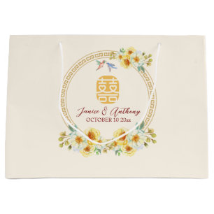 Modern Chinese wedding floral wreath birds Large Gift Bag