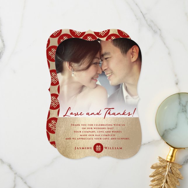 Modern Chinese Wedding Love and Thanks Photo Thank You Card (Front/Back In Situ)