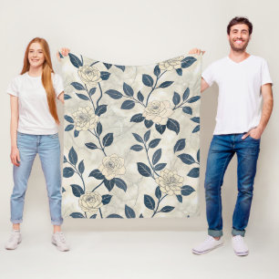 Modern Chinoiserie Ivory Rose Navy Botanical Fleece Blanket