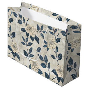 Modern Chinoiserie Ivory Rose Navy Botanical Large Gift Bag